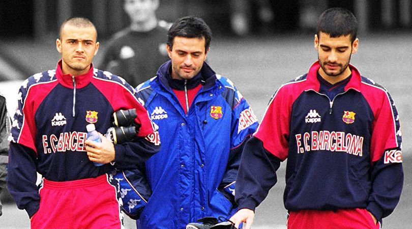 Barcelona's Juan Carlos Busquets, Luis Enrique, Jose Mourinho and Pepe Guardiola at training